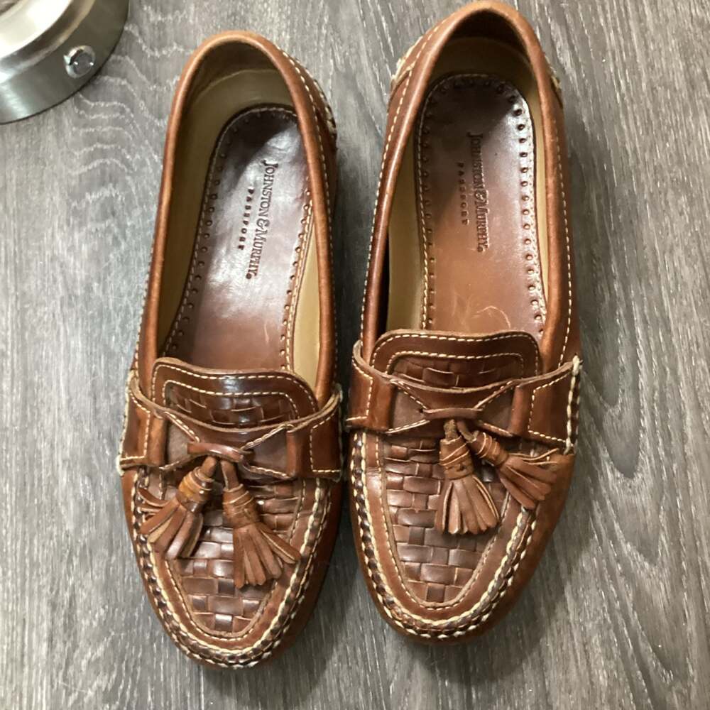 Johnston & Murphy Passport Brown Woven Leather Tassel Loafers Men's Size 8.5 M